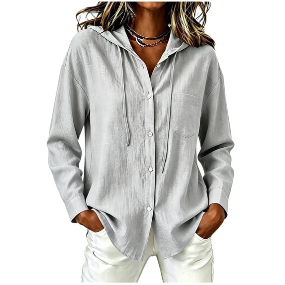 Seffadzy Women's Cotton Linen Long Sleeve Hooded Button Front Cardigan Shirt Lightweight Relaxed Fit Soft Breathable Beach Vacation Sun Protection Top
