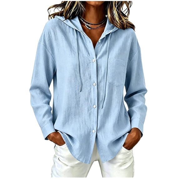 Seffadzy Women's Cotton Linen Long Sleeve Hooded Button Front Cardigan Shirt Lightweight Relaxed Fit Soft Breathable Beach Vacation Sun Protection Top