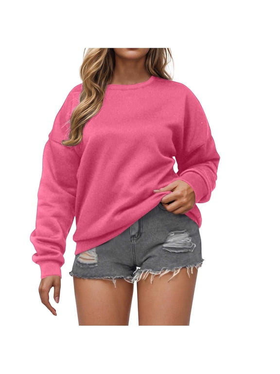 Women's Crew Neck Pullover Sweatshirt Loose Fit Long Sleeve Solid Color Casual Knit Top Soft Lightweight Cozy Everyday Essential