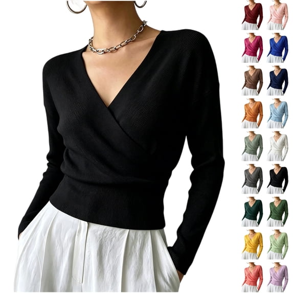 Seffadzy Women's Crossover V Neck Pullover Sweater Long Sleeve Cinched Waist Solid Color Knit Top Warm Cozy Flattering Everyday Black 2XL