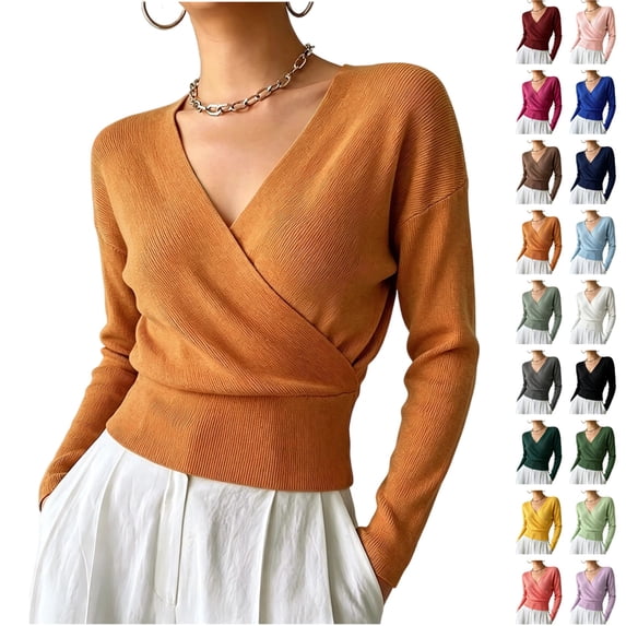 Seffadzy Women's Crossover V Neck Pullover Sweater Long Sleeve Cinched Waist Solid Color Knit Top Warm Cozy Flattering Everyday Orange 2XL