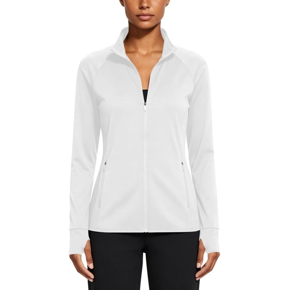 Seffadzy Women's Full Zip Athletic Jacket Long Sleeve Slim Fit Lightweight Workout Top with Zipper Pockets for Yoga Golf Running White L