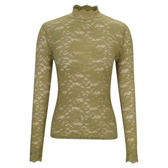 Seffadzy Women's Lace Mock Neck Undershirts Top Long Sleeve Slim Fit Solid Color Stretchy Base Layering Blouse for Home Office or Daily Wear Green XL