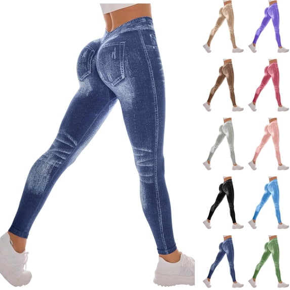 Seffadzy Women's Leggings High Waist Pull On Stretchy Skinny Denim Look Jeggings Tummy Control Yoga Pants Blue M