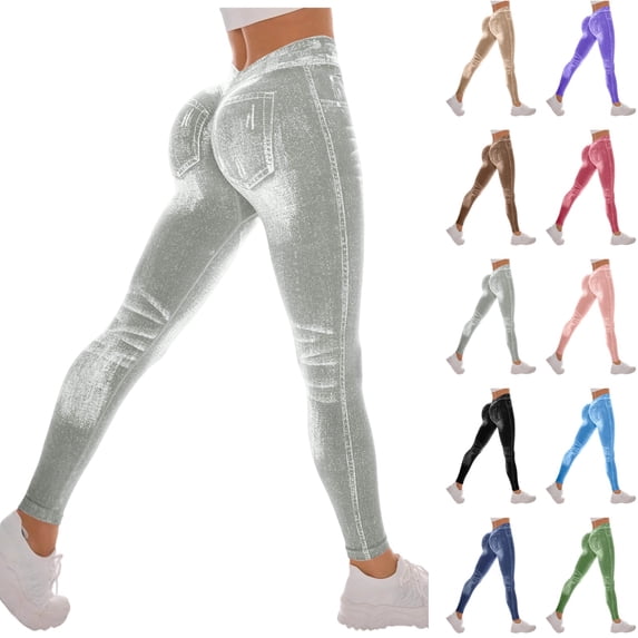 Seffadzy Women's Leggings High Waist Pull On Stretchy Skinny Denim Look Jeggings Tummy Control Yoga Pants Gray S