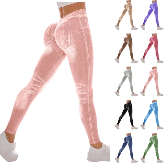 Seffadzy Women's Leggings High Waist Pull On Stretchy Skinny Denim Look Jeggings Tummy Control Yoga Pants Hot Pink S
