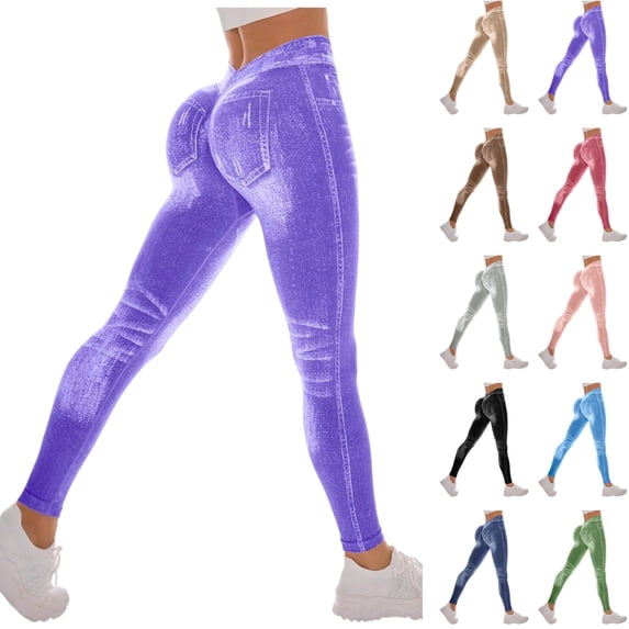Seffadzy Women's Leggings High Waist Pull On Stretchy Skinny Denim Look Jeggings Tummy Control Yoga Pants Purple M