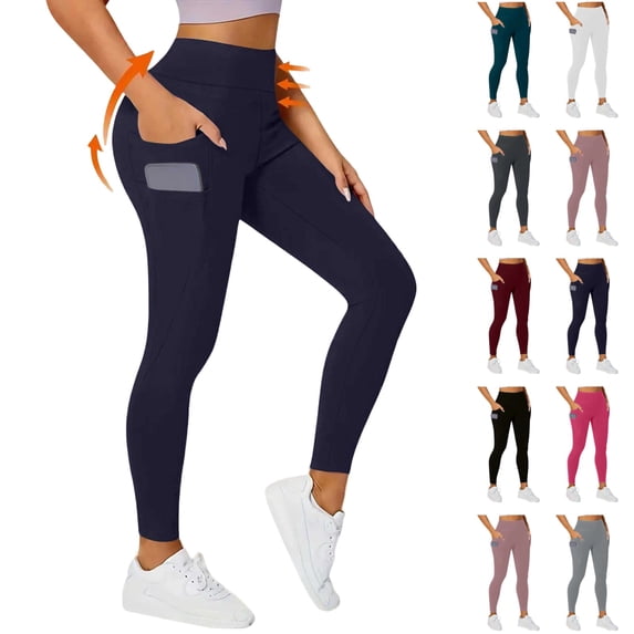 Seffadzy Women's Leggings High Waisted Tummy Control Lifting Side Pockets Stretchy Workout Yoga Athletic Pants Navy L