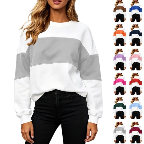 Seffadzy Women's Long Sleeve Sweatshirts Oversized Crewneck Color Block Pullover Top Casual Lightweight Tops Gray S