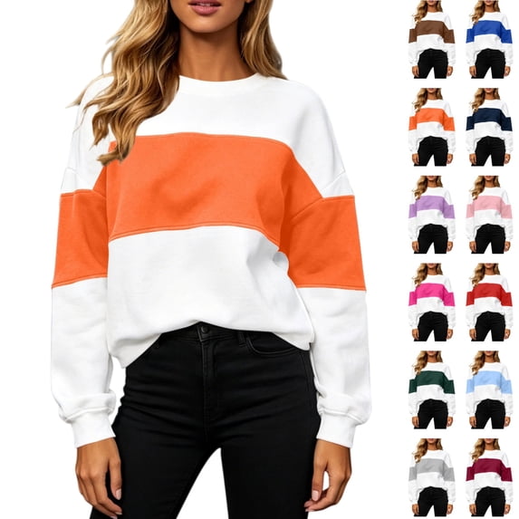 Seffadzy Women's Long Sleeve Sweatshirts Oversized Crewneck Color Block Pullover Top Casual Lightweight Tops Orange L