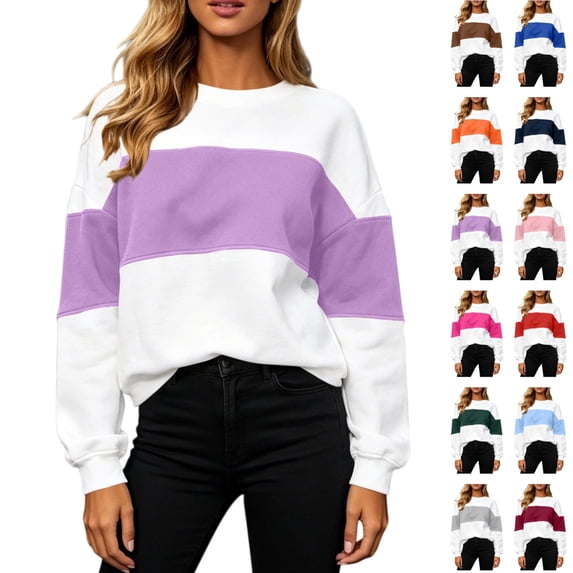 Seffadzy Women's Long Sleeve Sweatshirts Oversized Crewneck Color Block Pullover Top Casual Lightweight Tops Purple S