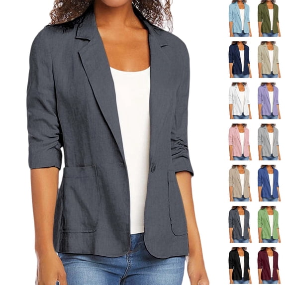Seffadzy Women's Plus Size Blazer Ruched 3/4 Sleeve with Pockets Open Front Lightweight Business Casual Jacket Dark Gray M