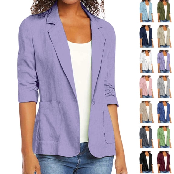 Seffadzy Women's Plus Size Blazer Ruched 3/4 Sleeve with Pockets Open Front Lightweight Business Casual Jacket Purple S