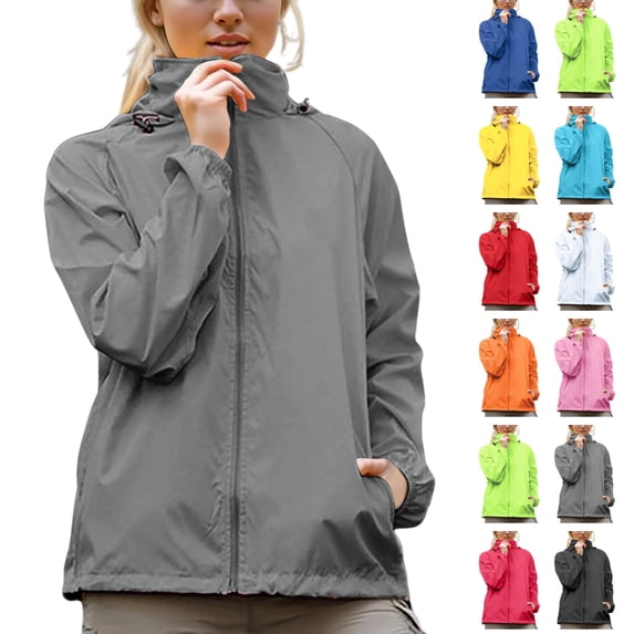 Seffadzy Women's Raincoats Windbreaker Waterproof Packable Hooded Pocket Long Sleeve Jacket Raincoat With Storage Pouch For Daily Travel Outdoor Activity Gray 3XL