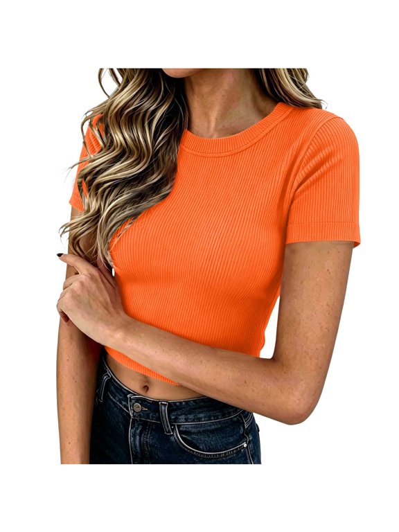 Women's Ribbed Cropped Shirts Short Sleeve Crewneck Pullover Slim Fit Shirts Casual Workout Yoga Sports Basic Tee Shirts