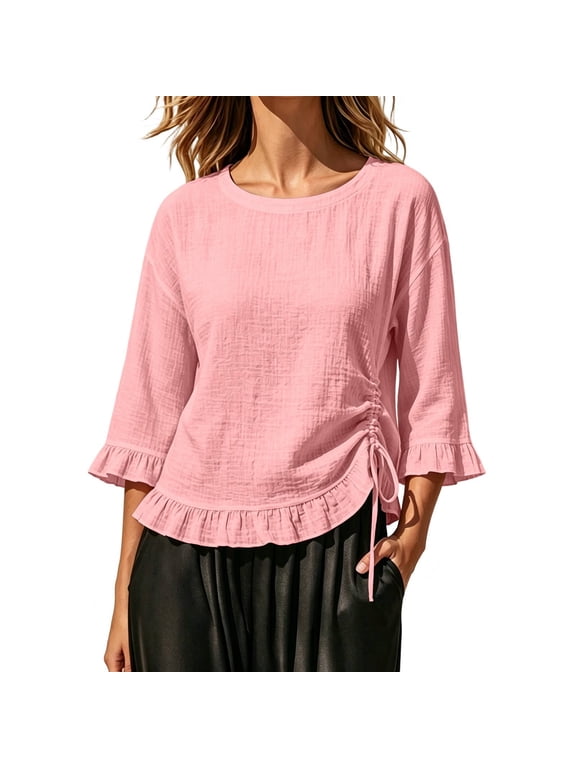 Women's Ruched Blouse 3/4 Ruffle Sleeve Crew Neck Side Drawstring Crinkle Cotton Linen Loose Fit Casual Top Pink 2XL