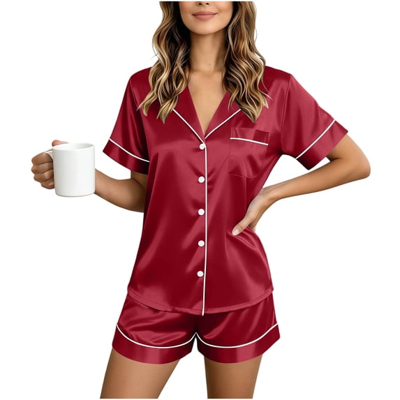 Seffadzy Women's Silk Satin Pajamas Set Short Sleeve Button Down Two Piece Sleepwear Soft Breathable Lounge Set for Home Red XL