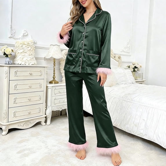 Seffadzy Women's Solid Color Pajama Set, Button Front Lapel Collar Long Sleeve Top & Feather Pattern Long Pants with Pockets Loungewear Suitable for casual home wear_Army Green_M