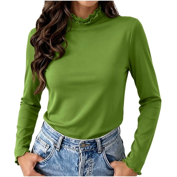 Seffadzy Women's Stand Collar Undershirt Ruched Trim Long Sleeve Brushed Fleece Solid Color Stretchy Thermal Base Layer Top Green M