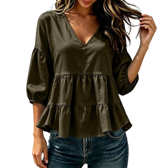 Seffadzy Women's Tiered Ruffle Peplum Blouses 3/4 Puff Sleeve V Neck Flowy Shirts Casual Loose Fit Solid Tops Army Green L