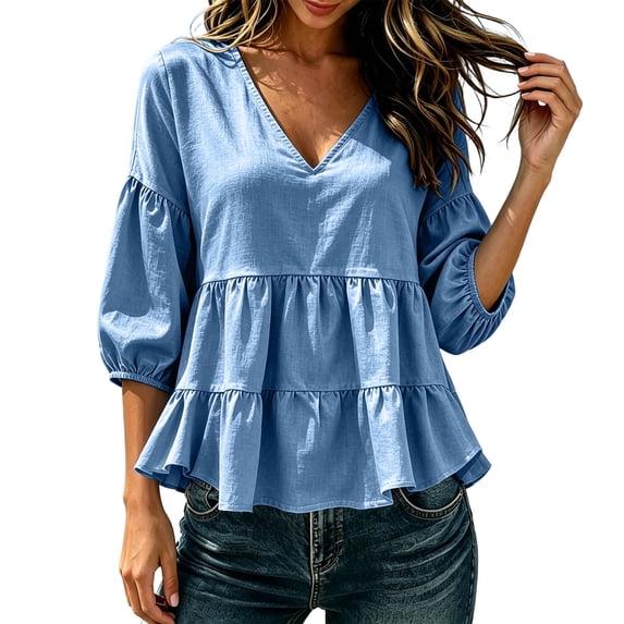 Seffadzy Women's Tiered Ruffle Peplum Blouses 3/4 Puff Sleeve V Neck Flowy Shirts Casual Loose Fit Solid Tops Blue XL
