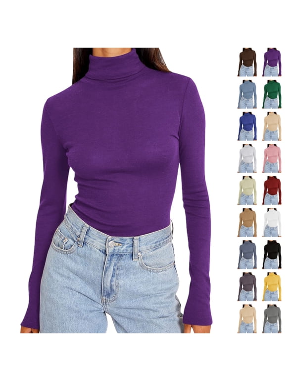 Women's Turtleneck Undershirt Long Sleeve Slim Fit Solid Color Soft Stretchy Lightweight Base Layer Top Purple 2XL
