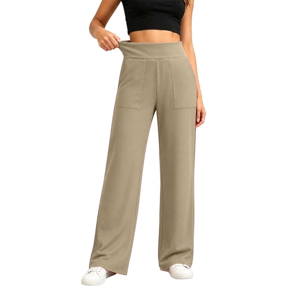 Seffadzy Women's Yoga Pants High Waisted Straight Leg Stretchy Pocket Solid Color Workout Fitness Gym Trousers Khaki L
