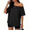 thumbnail image 1 of Seffadzy Womens Oversized T-Shirts Short Sleeve Off The Shoulder Loose Fit Tops Casual Summer Daily Workout Yoga Shirts, 1 of 5