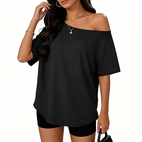 Seffadzy Womens Oversized T-Shirts Short Sleeve Off The Shoulder Loose Fit Tops Casual Summer Daily Workout Yoga Shirts