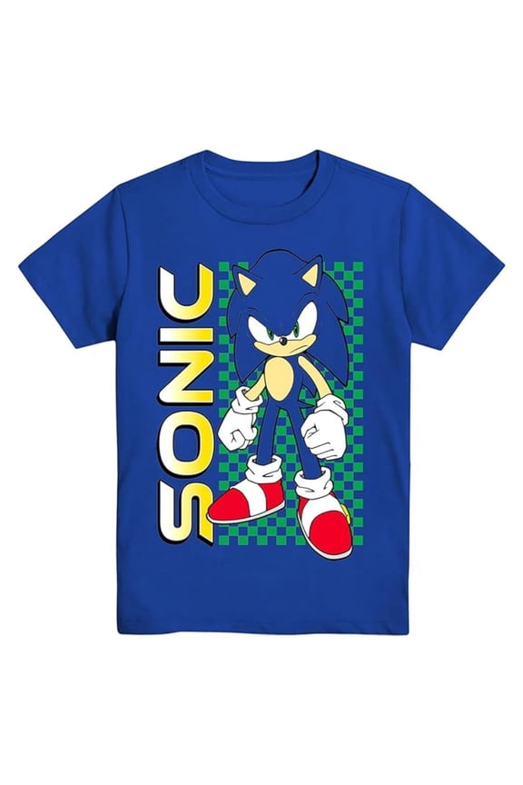Boy's Sonic The Hedgehog T-shirt, Graphic Print Cartoon Sonic Shirt Royal – L