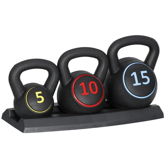 Segawe 3 Pieces Kettlebell Set W/Storage Rack, HDPE Coated Concrete Kettlebells for Training