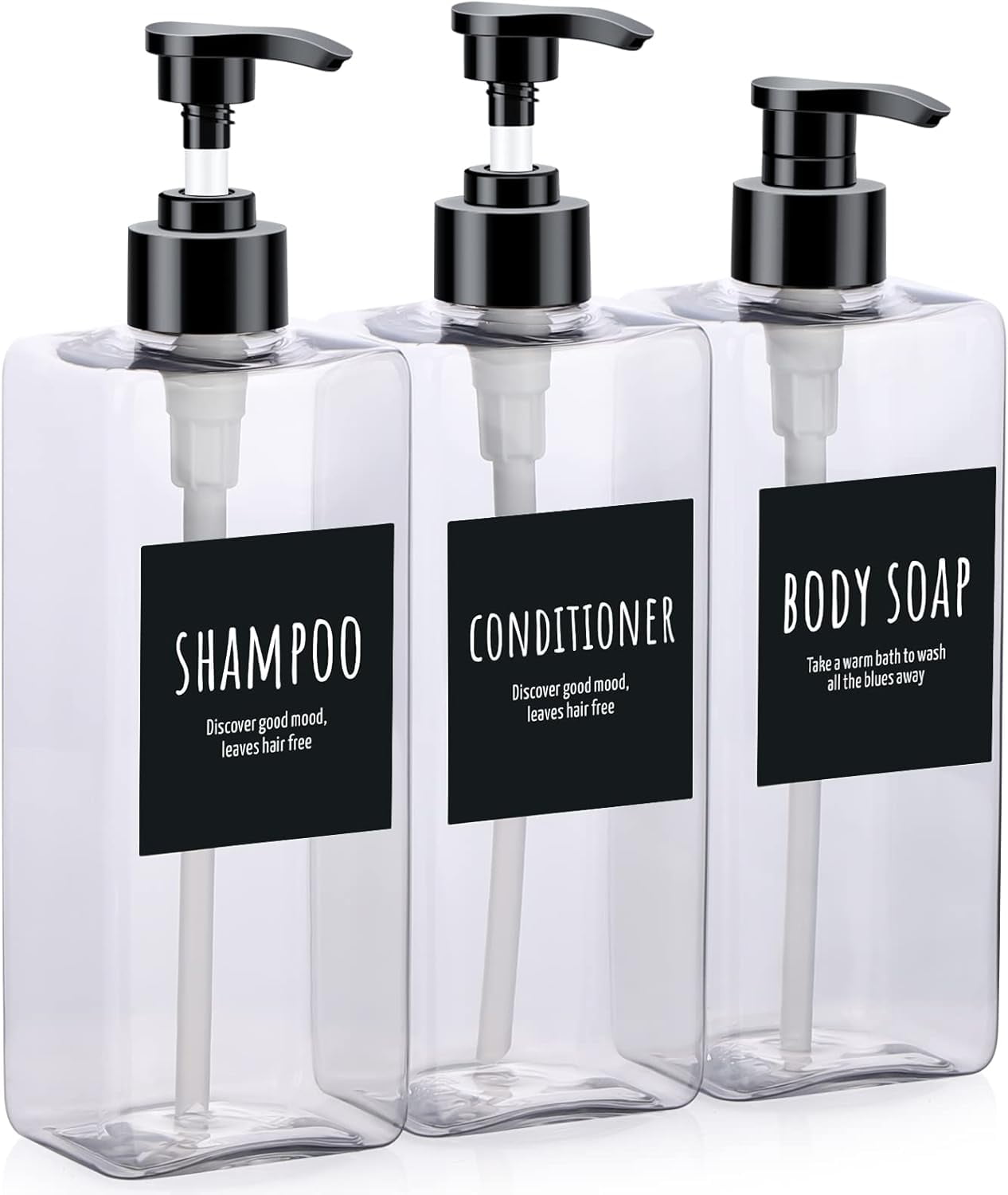 Segbeauty Shampoo Bottles, 3pcs 16.9oz Empty Refillable Pump Dispenser with Labels, 500ml Plastic Reusable Press Lotion Containers for Bathroom Hotel Liquid Soap Body Wash Hand Soap Conditioner Clear