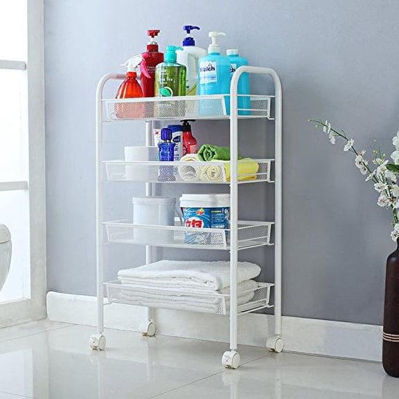 SEGMART 4-Tier Shelving Unit Storage Carts with Wheels, 17.5" x 10"x 33.5"Slim Mesh Wire Gap Kitchen Storage Tower Rack w/5 Side Hooks, Rolling Cart Cupboard for Home Office Bathroom, S13779