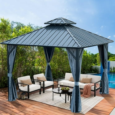 Segmart 10' x 10' Hardtop Gazebo Outdoor, Galvanized Steel Aluminum Metal Double Roof Gazebo with Netting and Curtains, Permanent Patio Gazebo Pavilion for Backyard, Deck, Lawn, Gray