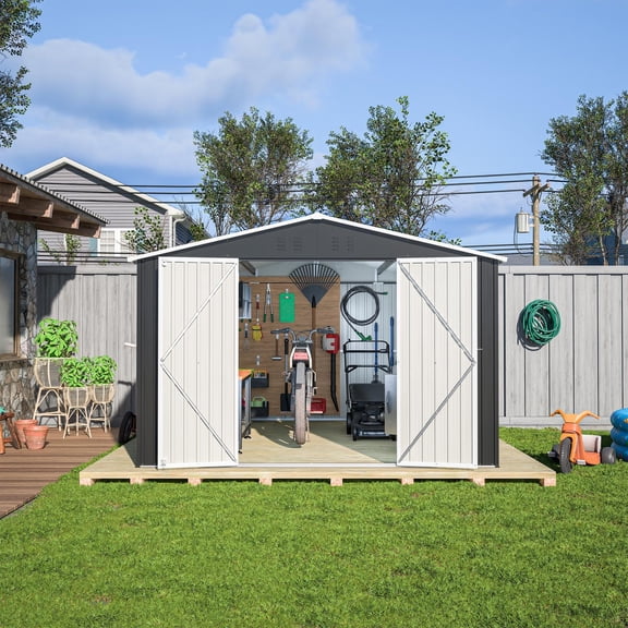 Segmart 10x12FT Outdoor Storage Shed with Lockable Door & Window, Outdoor Large Garden Shed for Lawn Mower, Garbage Can, Bike, Metal Tool Sheds for Patio, Lawn, Waterproof Storage House, Black