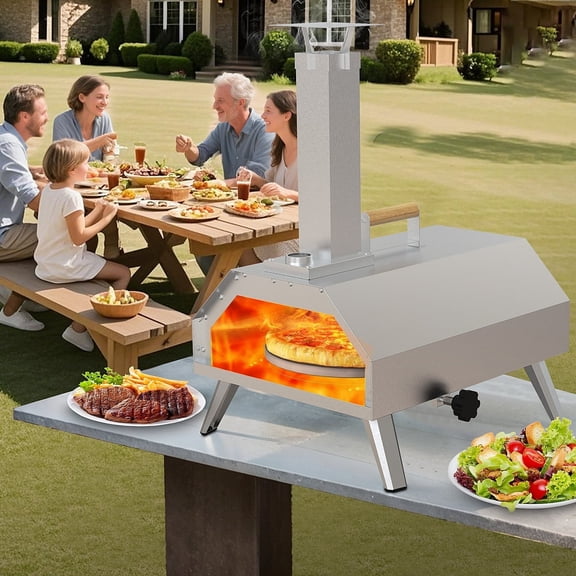 Segmart 12" Wood-Fired Outdoor Pizza Oven, Portable Multi-Fuel Pizza Maker with Built-In Thermometer & Stainless Steel Cooking Grill,Wood Handle for Backyard, Camping , Picnics-Silver