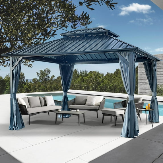 Segmart 12' x 12' Hardtop Gazebo Outdoor, Galvanized Steel Aluminum Metal Double Roof Gazebo with Netting and Curtains, Permanent Patio Gazebo Pavilion for Backyard, Deck, Lawn, Gray