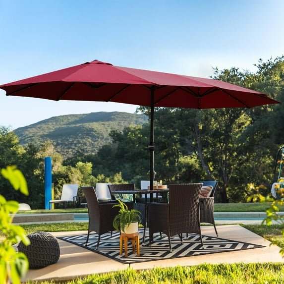 Segmart 15ft Patio Umbrella with Base & Solar Lights, Outdoor Large Twin-size Rectangle Market Umbrellas for Pool Lawn Garden, Patio Sided Umbrella with 12 Strong Ribs & Ventilation Openings, Red