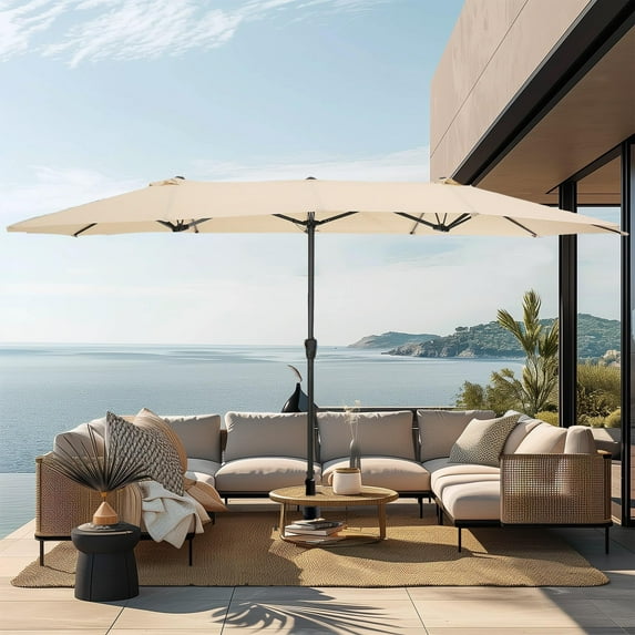 Segmart 15ft Patio Umbrella, Outdoor Large Triple-size Rectangle Market Umbrellas for Pool Lawn Garden, Twin-size Patio Sided Umbrella with 12 Strong Ribs & Ventilation Openings, Tan