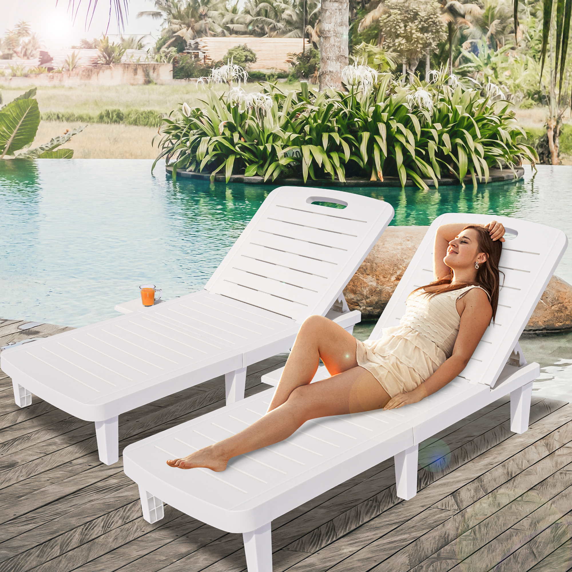 Segmart 2 Pieces Patio Chaise Lounge Furniture Set, Pool Reclining Chaise Chairs Set with Side Table, 5-Level Angles Adjust Backrest Outdoor Lounge, White, SS2122 - image 1 of 10