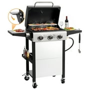 Segmart 3 Burner BBQ Propane Gas Grill, Stainless Steel 30,000 BTU Patio Garden Barbecue Grill with Folding Side Tables, Hanging Basket & Thermometer, Perfect for Camping, Outdoor Cooking