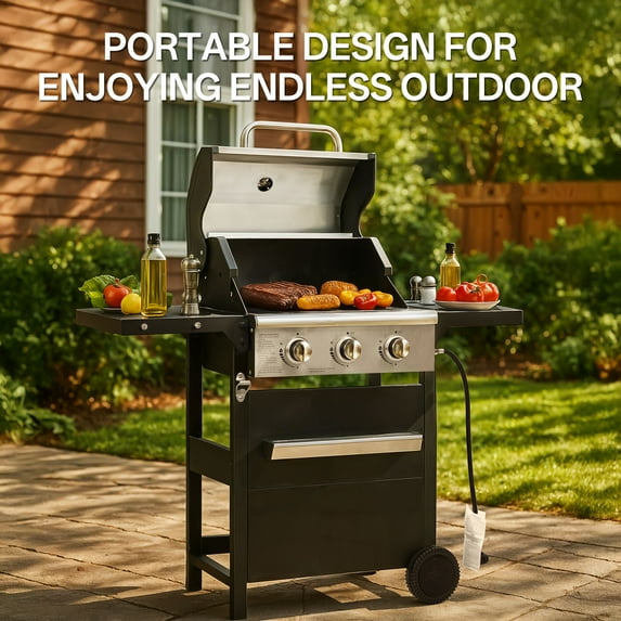 Segmart 3 Burner BBQ Propane Gas Grill, Stainless Steel 27,000 BTU Patio Garden Barbecue Grill with Side Tables, Hanging Basket & Thermometer, Perfect for Camping, Outdoor Cooking