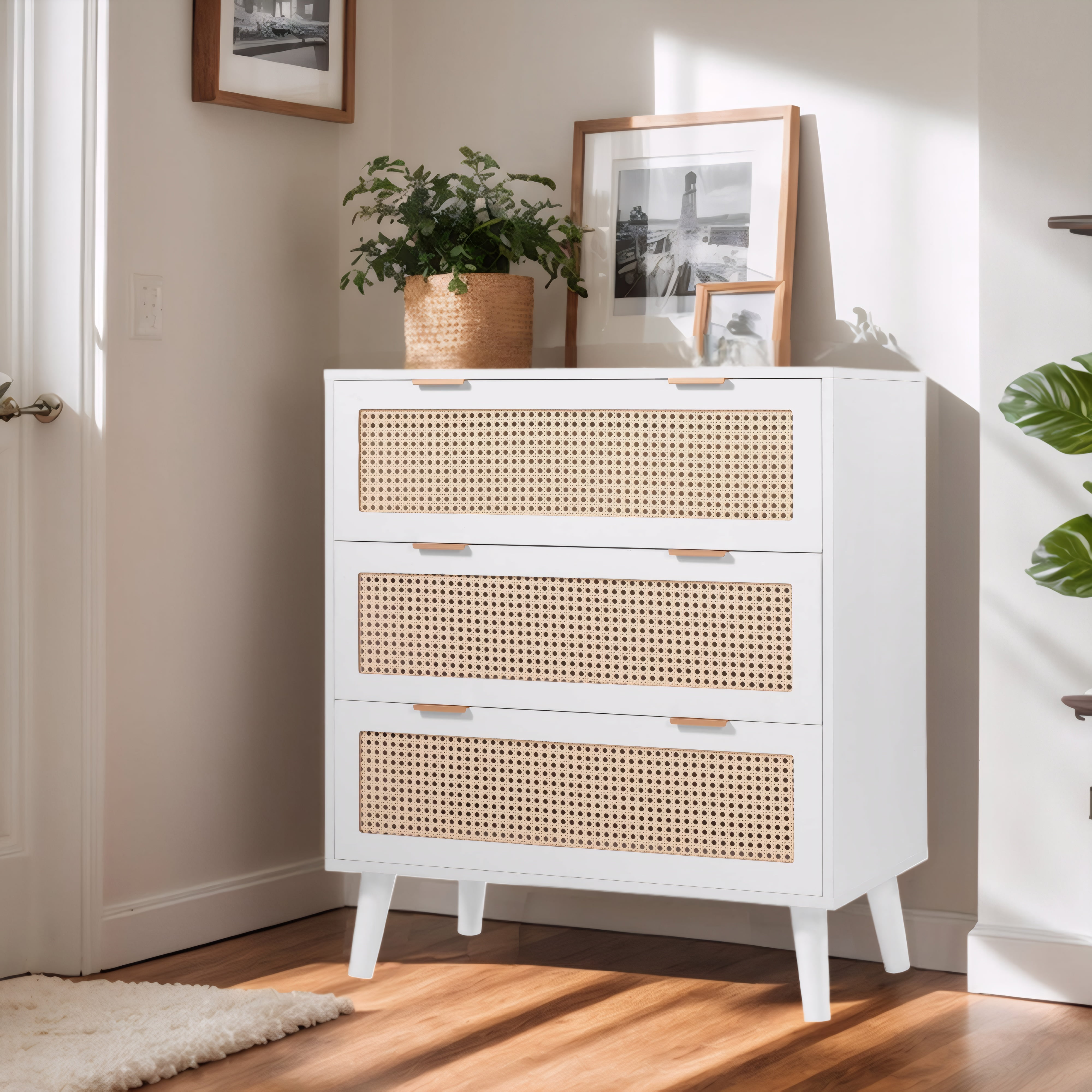 White Bohemian Rattan 3-Drawer Dresser with Gold Handles