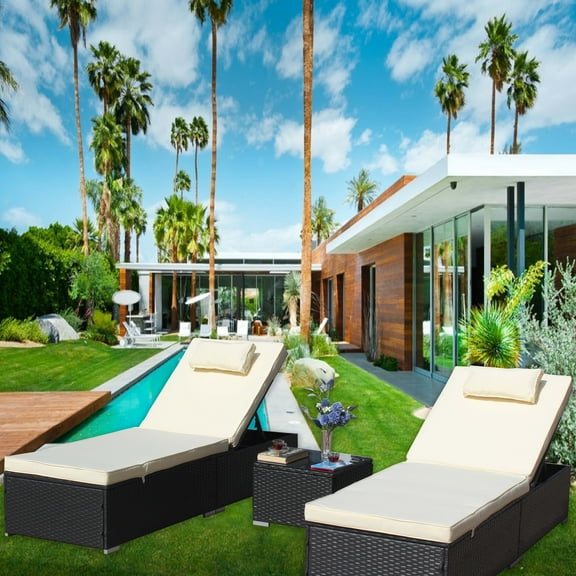 Segmart 3 PCS Outdoor Patio Chaise Lounge Chairs Set, Adjustable 5 Position Outdoor PE Rattan Wicker Patio Lounge Chair, Folding Reclining Chaise Chairs for Outside Pool Poolside