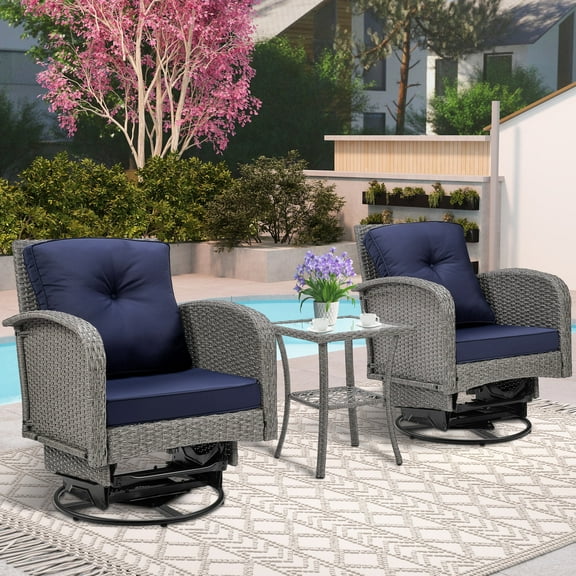 Segmart 3-Piece Outdoor Rocking Chairs Set, PE Wicker Rattan Conversation Bistro Furniture Sets with Glass Top Side Table for Porch Backyard, Max Weight, 360LBS, Dark Blue