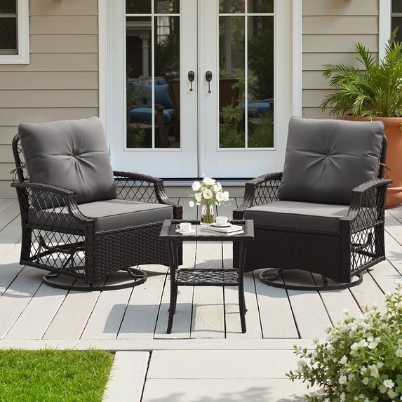 3-Piece Patio Swivel Glider Bistro Set, Wicker Outdoor Chairs with Cushions (2), Side Table, High Back All-Weather Rattan Furniture for Porch Backyard