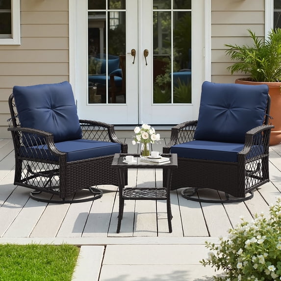 3-Piece Patio Swivel Glider Bistro Set, Wicker Outdoor Chairs with Cushions (2), Side Table, High Back All-Weather Rattan Furniture for Porch Backyard