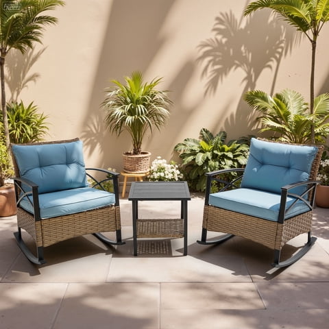 Segmart 3-Piece Patio Rocking Bistro Set, Outdoor Rattan Wicker Chairs with Blue Cushions & Steel Side Table, Front Porch Furniture Set for Balcony, Garden, Poolside