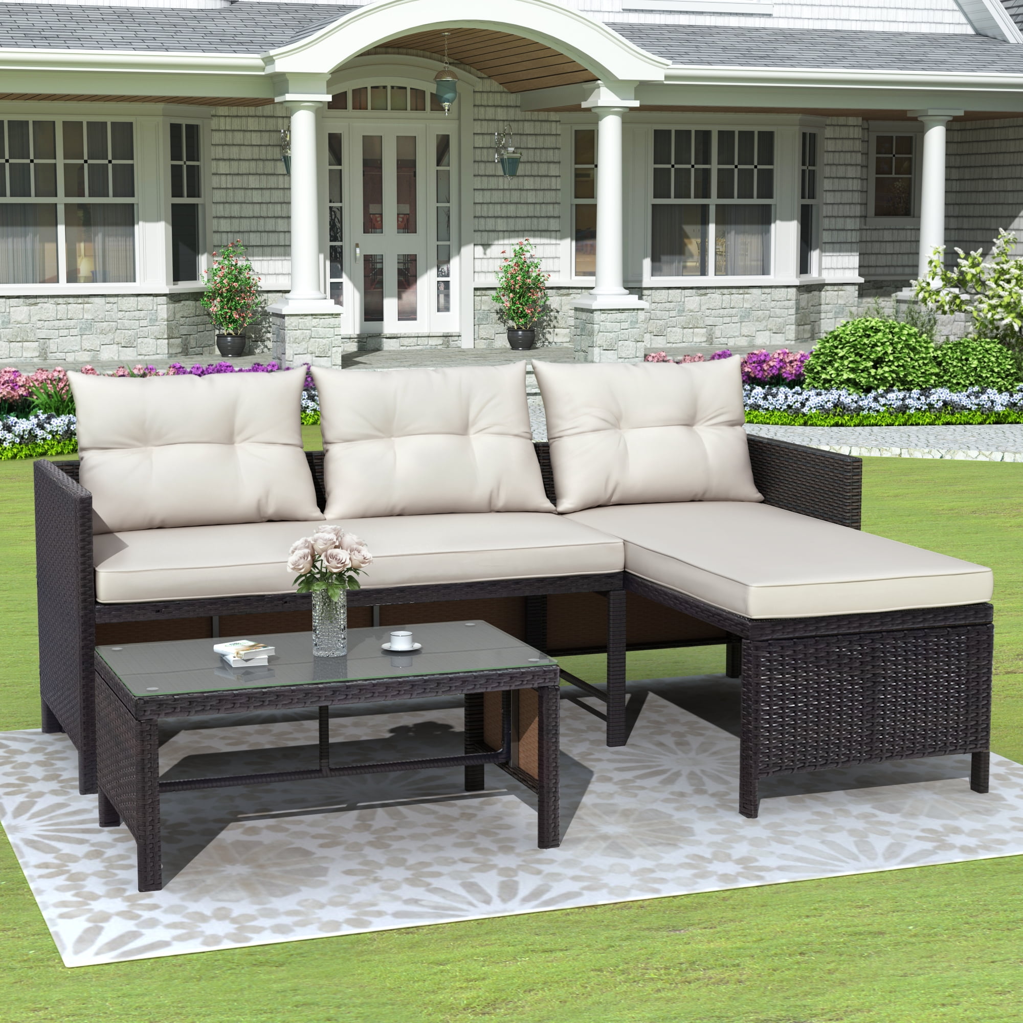 South Sea Outdoor New Java 3-Piece Outdoor Sectional Set w/ Square Corner  in Sandstone CODE