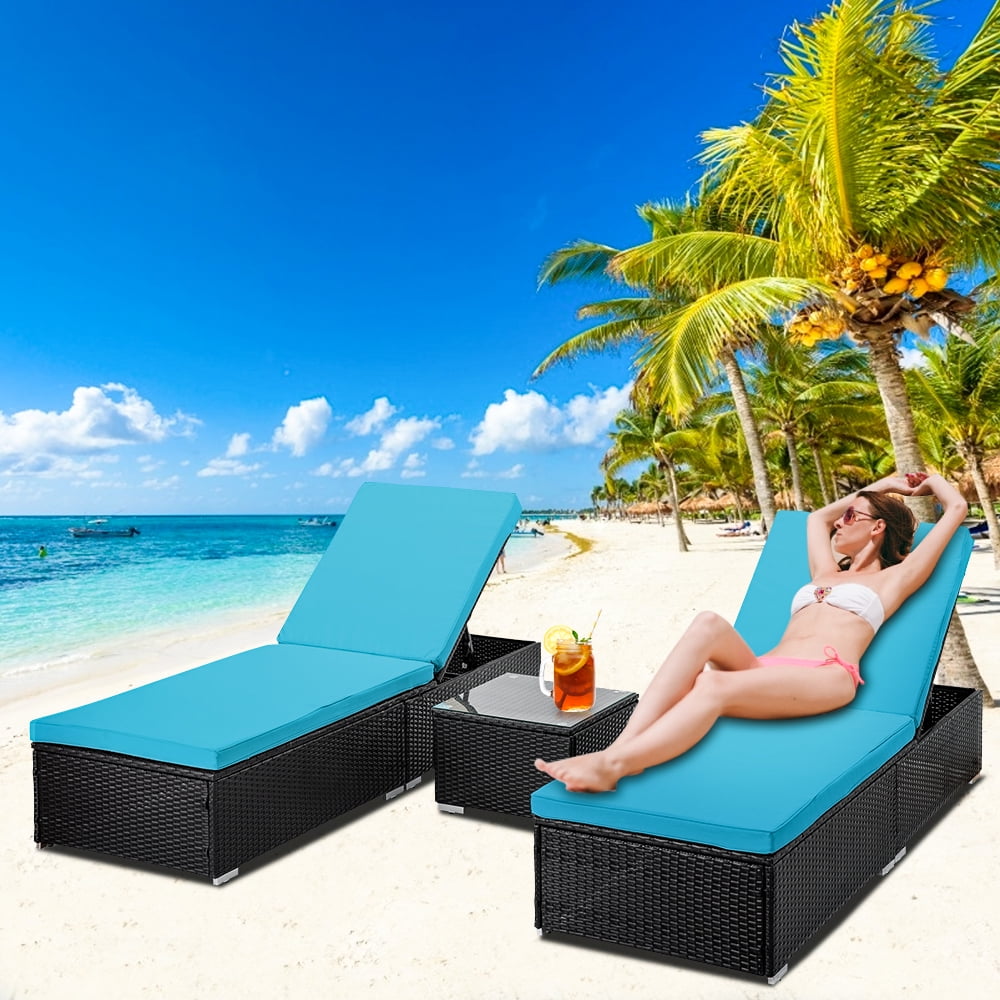 Segmart 3 Pieces Patio Rattan Wicker Chaise Lounge Furniture Set Pool Reclining Chaise Chairs Set of 2 with 5 Level Angles Adjust Backrest Outdoor Set with Coffee Table Thick Cushions Walmart
